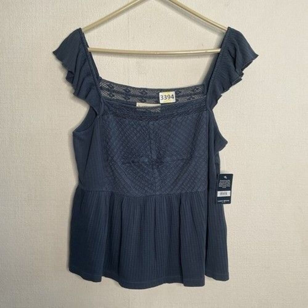 NWT Lucky Brand Textured Yoke Peplum Whisper Tank Top Women Size L Dark Denim